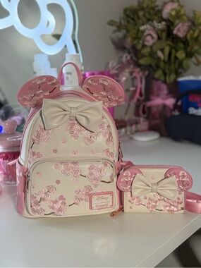 Disney Minnie Cherry Blossom Loungefly Backpack and Wallet